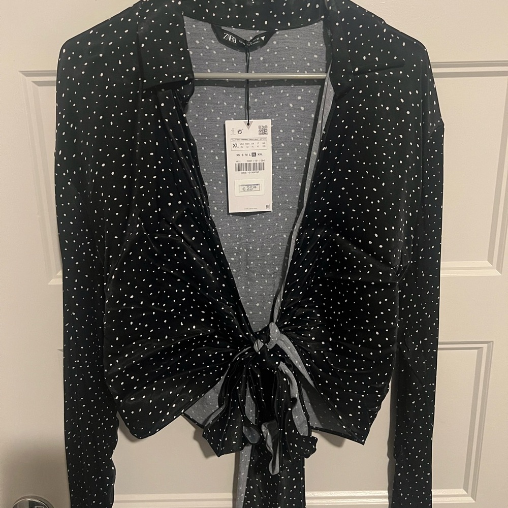 Zara Black Polka Dot Tie-Front Long Sleeve Top